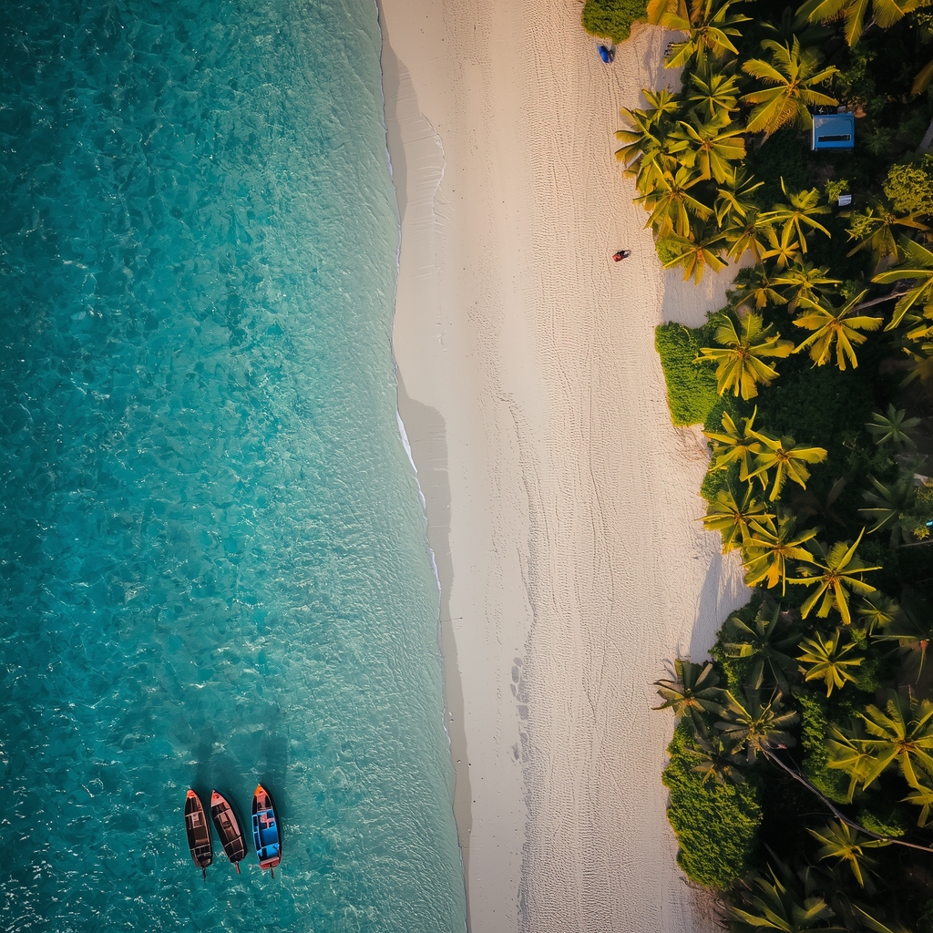 A pristine tropical beach with crystal clear turquoise water, white sand, palm trees swaying gently in the breeze, colorful wooden boats anchored near shore, golden hour lighting, aerial perspective, professional travel photography, no people